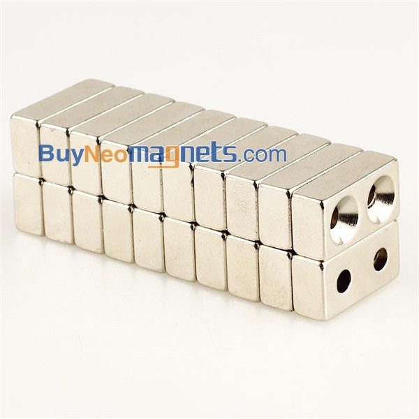 10Stück 20 mm x 10 mm x 6 mm dick mit 2 Löcher 3mm N35 Starke Block-Vorlege Seltene Erden Neodym-Magnete