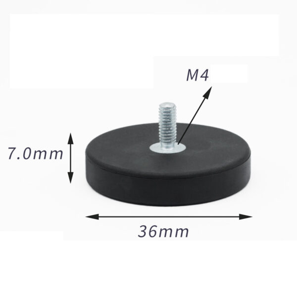 Neodymium Magnet Ø 36 mm Black Rubber Coated with Threaded Stud, holds approx. 8kg, thread M4
