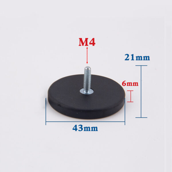Magnete neodimio Ø 43 mm in gomma nera rivestita con borchie filettata, contiene ca.. 8.5kg, Discussione M4