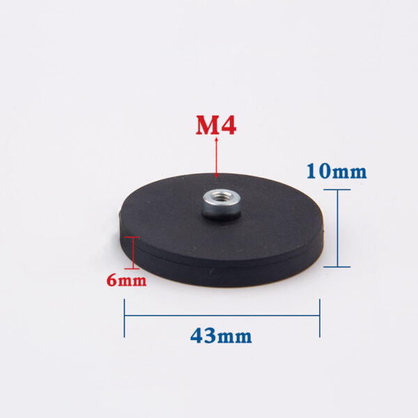 Neodymium Magnet Ø 43 mm Black Rubber Coated with Screw Socket, holds approx. 8.5kg, thread M4