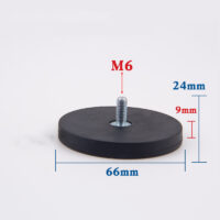 Magnete neodimio Ø 66 mm in gomma nera rivestita con borchie filettata, contiene ca.. 17kg, Discussione M6
